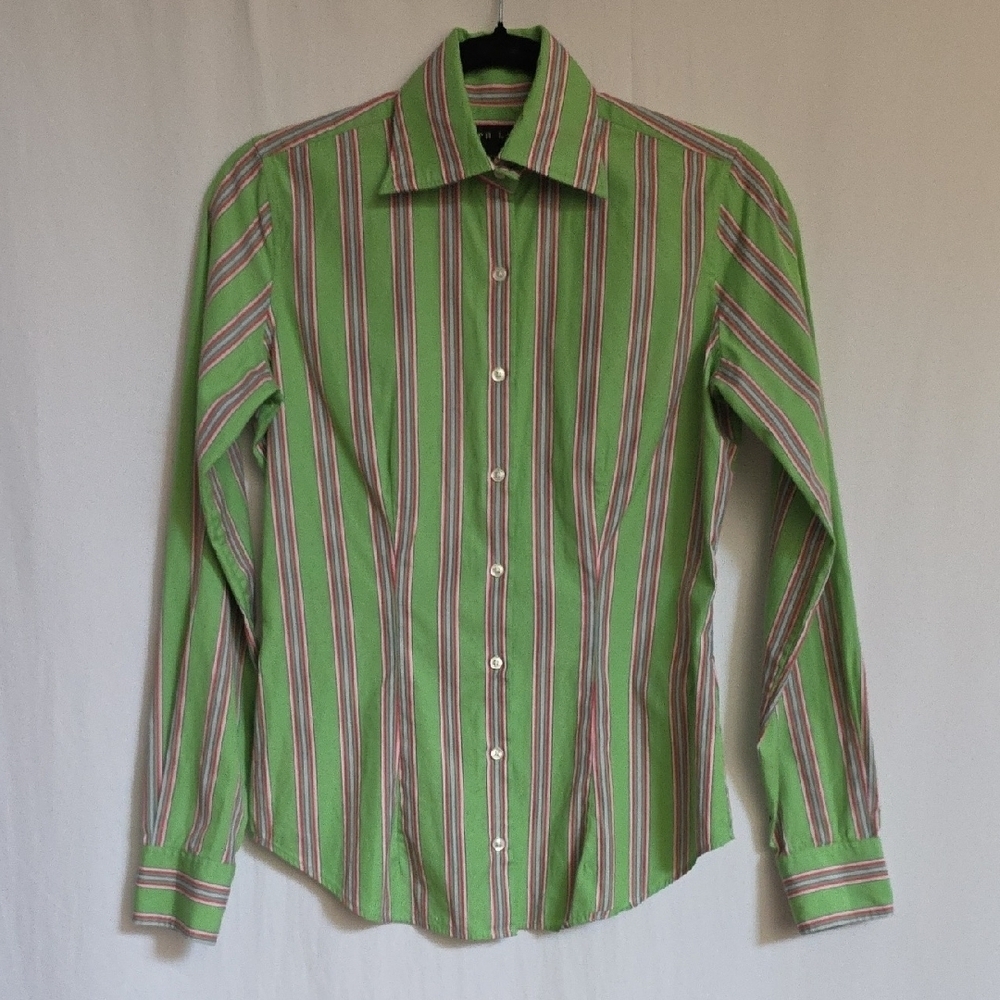 Ralph Lauren Green, Pink, Purple Striped Cotton Ladies Blouse.  Size 4